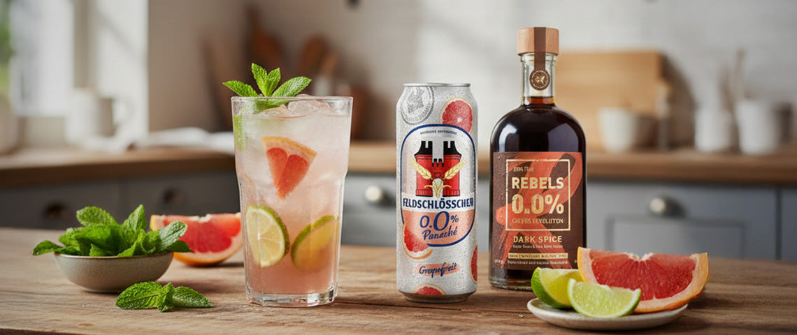 DE: Alkoholfreier Mojito im Glas neben Feldschlösschen 0.0% und Rebels Dark Spice FR: Mojito sans alcool en verre à côté de Feldschlösschen 0.0% et Rebels Dark Spice IT: Mojito analcolico in bicchiere accanto a Feldschlösschen 0.0% e Rebels Dark Spice EN: Non-alcoholic mojito in glass next to Feldschlösschen 0.0% and Rebels Dark Spice