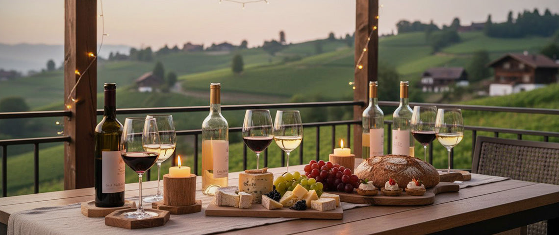 Schweizer Wein mit Kaese und Landschaft