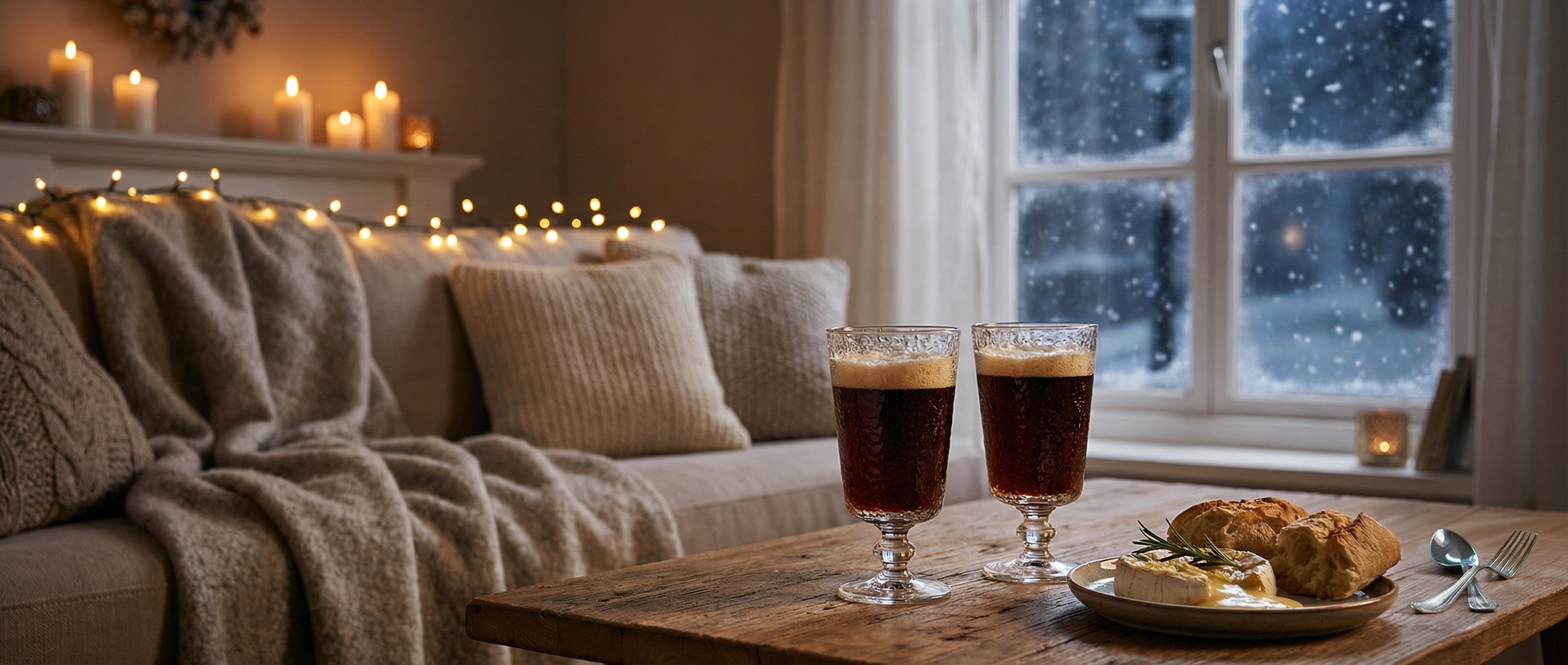 DE: Zwei dunkle Biergläser auf Couchtisch vor verschneitem Fenster mit Kerzen FR: Deux verres de bière brune sur table basse devant fenêtre enneigée avec bougies IT: Due bicchieri di birra scura su tavolino davanti a finestra innevata con candele EN: Two dark beer glasses on coffee table in front of snowy window with candles