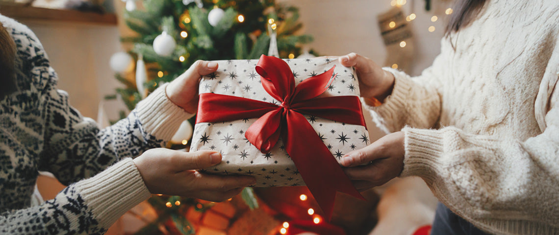 DE: Hände halten Weihnachtsgeschenk mit roter Schleife vor Weihnachtsbaum FR: Mains tenant un cadeau de Noël avec ruban rouge devant un sapin IT: Mani tengono regalo di Natale con nastro rosso davanti all'albero EN: Hands holding Christmas gift with red ribbon in front of Christmas tree