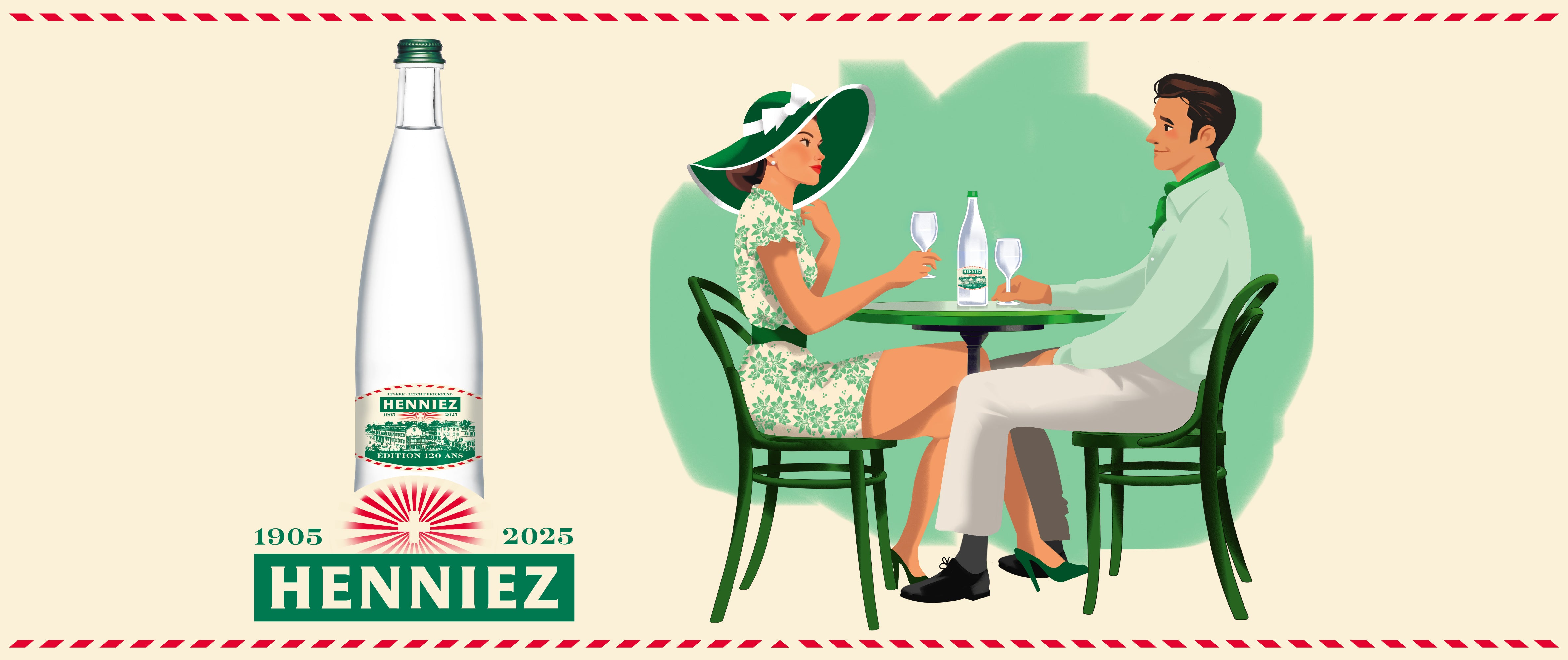 DE: Retro-Illustration mit Henniez Flasche und elegantem Paar am Tisch, 2025 FR: Illustration rétro avec bouteille Henniez et couple élégant à table, 2025 IT: Illustrazione retrò con bottiglia Henniez e coppia elegante a tavola, 2025 EN: Retro illustration with Henniez bottle and elegant couple at table, 2025
