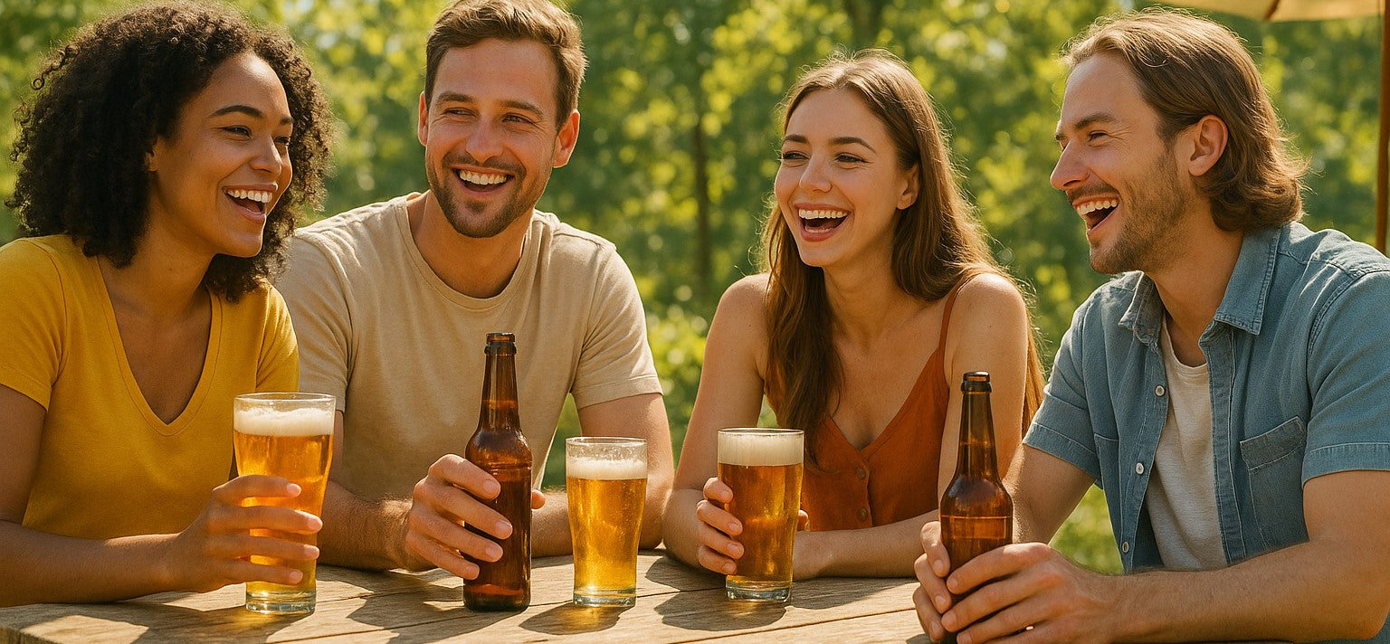 DE: Freundesgruppe trinkt Bier und lacht zusammen im Freien bei Sonnenschein FR: Groupe d'amis buvant de la bière et riant ensemble en plein air au soleil IT: Gruppo di amici beve birra e ride insieme all'aperto al sole EN: Group of friends drinking beer and laughing together outdoors in sunshine