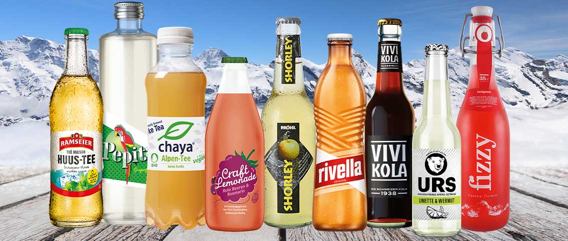 DE: Verschiedene Schweizer Getränkemarken nebeneinander als Collage FR: Diverses marques de boissons suisses côte à côte en collage IT: Vari marchi svizzeri di bevande affiancati in collage EN: Various Swiss beverage brands side by side as collage
