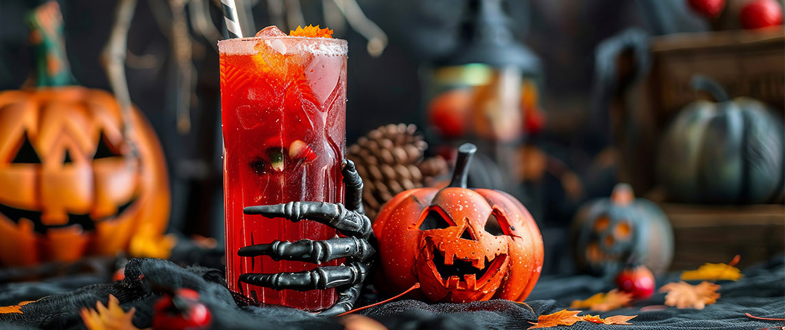 DE: Roter Halloween-Cocktail mit Skeletthand neben geschnitztem Kürbis FR: Cocktail Halloween rouge avec main squelette à côté d'une citrouille sculptée IT: Cocktail Halloween rosso con mano scheletro accanto a zucca intagliata EN: Red Halloween cocktail with skeleton hand next to carved pumpkin