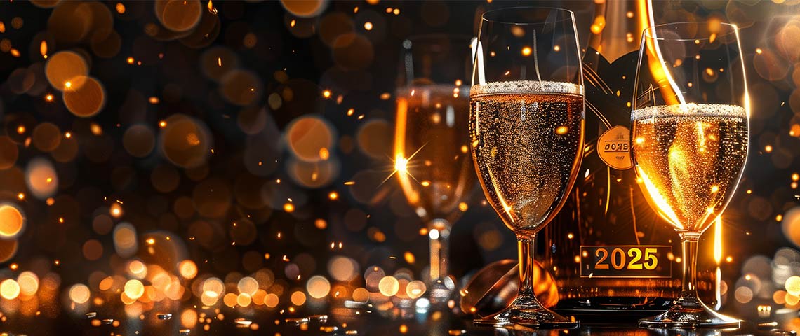 DE: Champagnerglas mit Sekt vor goldenem Bokeh-Hintergrund zu Silvester FR: Flûte de champagne devant fond doré en bokeh pour le Nouvel An IT: Flute di champagne davanti a sfondo dorato bokeh per Capodanno EN: Champagne flute in front of golden bokeh background for New Year's Eve