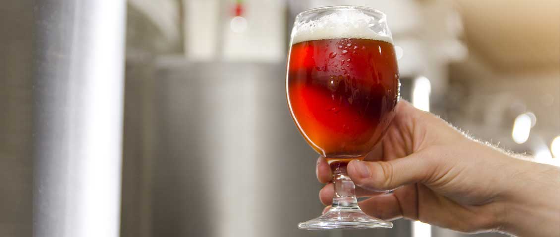 DE: Hand hält rotbraunes Red Ale Glas in Nahaufnahme FR: Main tenant un verre de Red Ale brun-rouge en gros plan IT: Mano tiene bicchiere di Red Ale rosso-bruno in primo piano EN: Hand holding red-brown Red Ale glass in close-up