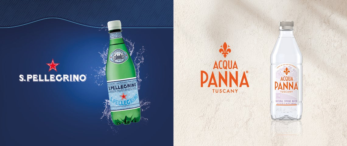 DE: S.Pellegrino Flasche und Acqua Panna Logo auf blau-beigem Hintergrund FR: Bouteille S.Pellegrino et logo Acqua Panna sur fond bleu et beige IT: Bottiglia S.Pellegrino e logo Acqua Panna su sfondo blu e beige EN: S.Pellegrino bottle and Acqua Panna logo on blue and beige background