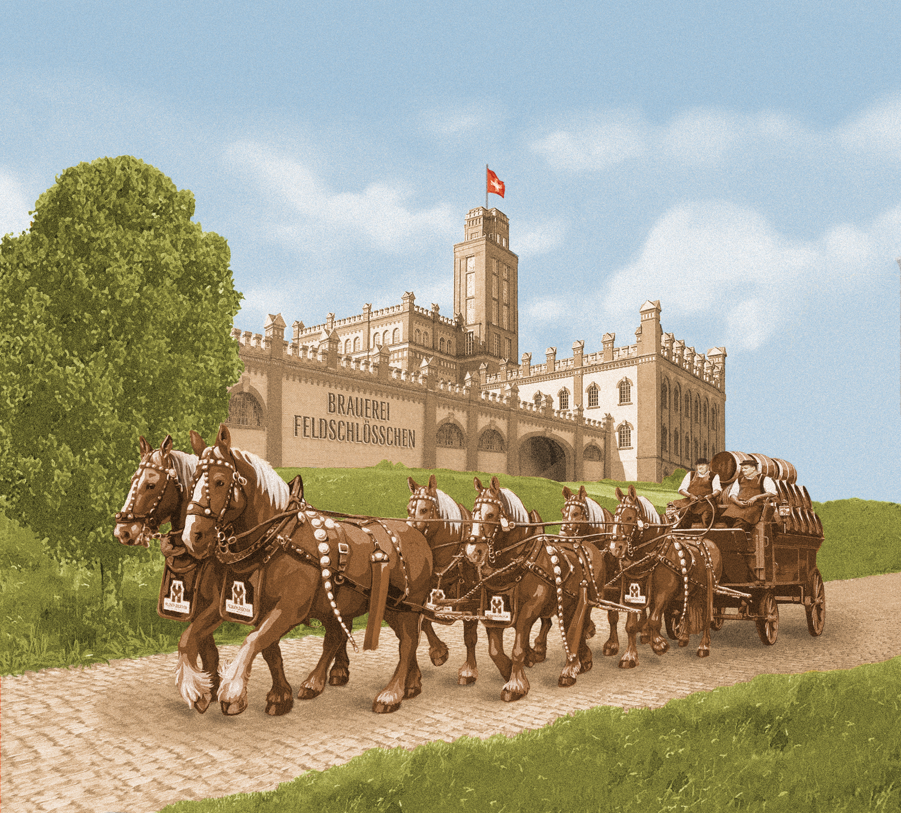 DE: Feldschlösschen Sechs-Pferde-Spänner mit Kutsche vor Felschlösschen Schloss; FR: Attelage à six chevaux avec calèche devant le château Feldschlösschen; IT: Carrozza trainata da sei cavalli davanti al castello Feldschlösschen; EN: Feldschlösschen six-horse carriage in front of Feldschlösschen castle