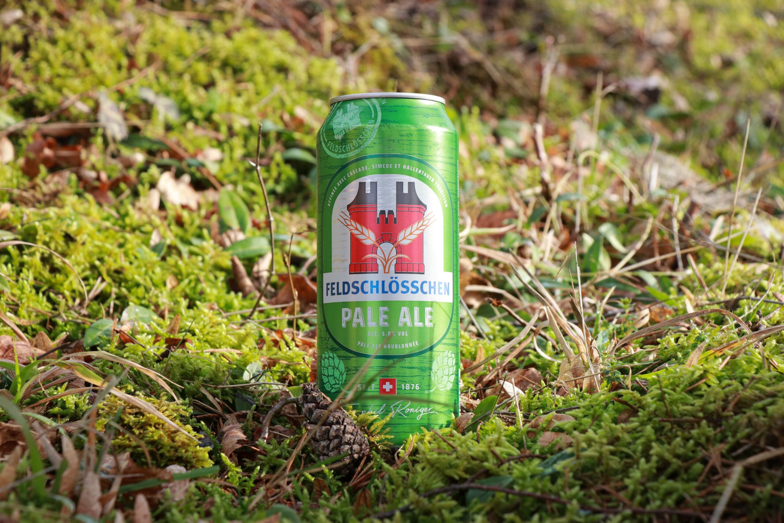 DE: Feldschlösschen Pale Ale Dose steht auf Waldboden; FR: Canette de Feldschlösschen Pale Ale posée sur le sol en forêt; IT: Lattina di Feldschlösschen Pale Ale sul suolo del bosco; EN: Feldschlösschen Pale Ale can standing on a forest floor