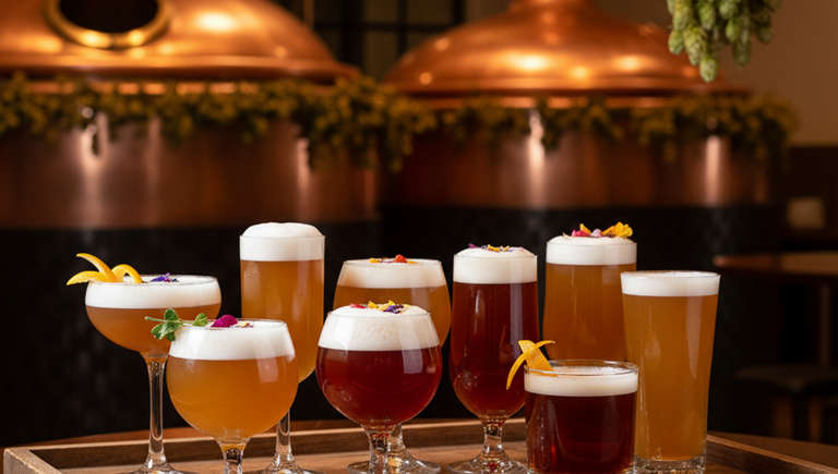 🇩🇪 Verschiedene Bier-Cocktails und Biergläser auf einem Tablett vor Braukesseln im Feldschlösschen Restaurant. 🇮🇹 Vari cocktail a base di birra e bicchieri di birra su un vassoio davanti alle caldaie del ristorante Feldschlösschen. 🇫🇷 Divers cocktails à base de bière et verres de bière sur un plateau devant les cuves de brassage du restaurant Feldschlösschen. 🇬🇧 Various beer cocktails and beer glasses on a tray in front of brewing kettles at the Feldschlösschen Restaurant.
