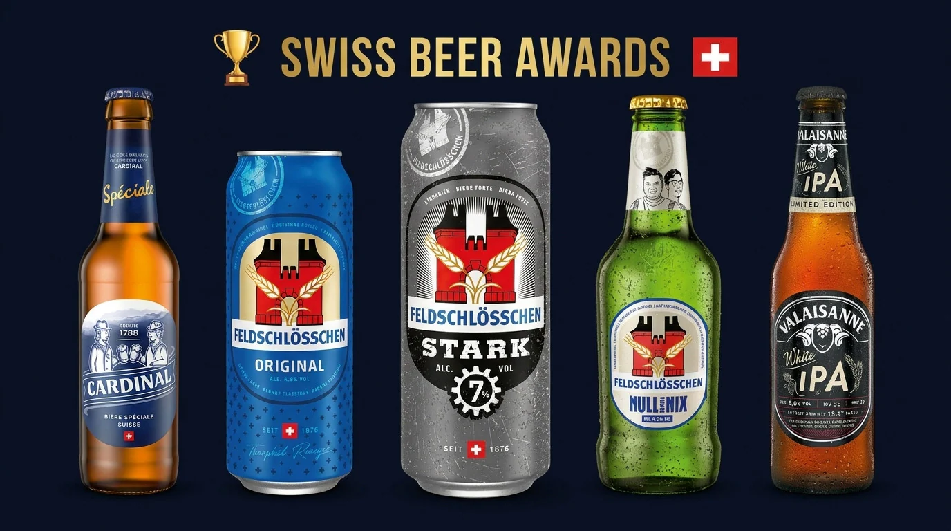 DE: Fünf ausgezeichnete Bierflaschen und -dosen unter Swiss Beer Awards Banner FR: Cinq bières primées sous la bannière Swiss Beer Awards IT: Cinque birre premiate sotto il banner Swiss Beer Awards EN: Five award-winning beers displayed under Swiss Beer Awards banner