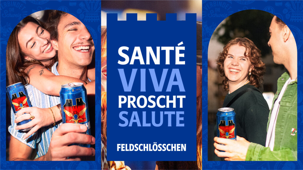 Feldschlösschen Redesign Posters. Fröhliche Menschen mit neuer Feldschlösschen Original Dose in der Hand.